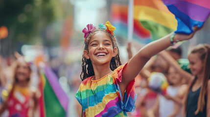 Fototapeta premium A vibrant street parade with people of all ages smiling and dancing, dressed in colorful costumes and waving flags, creating an atmosphere of pure joy and celebration