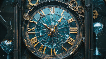 Obraz premium A vintage clock face with its hands frozen at 12:00, surrounded by cracked glass, gears, and hourglasses, representing the stillness of time in a forgotten world