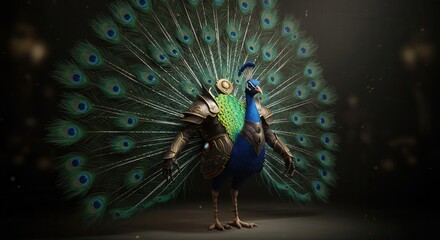 Majestic illustration showcases a regal peacock adorned in ornate armor, feathers fanned out displaying vibrant teal, emerald, and blue hues, against a dark, blurred background.