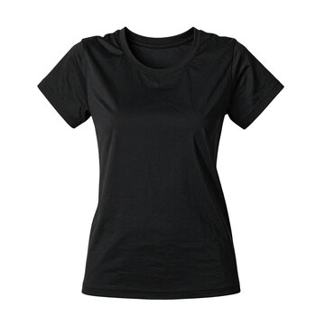 A plain, black, short-sleeved, crew-neck t-shirt. The shirt is isolated on black background
