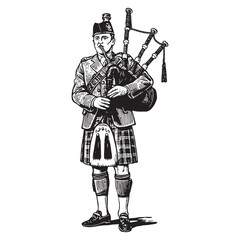 Scottish bagpiper in traditional kilt and uniform playing bagpipes Vector Art