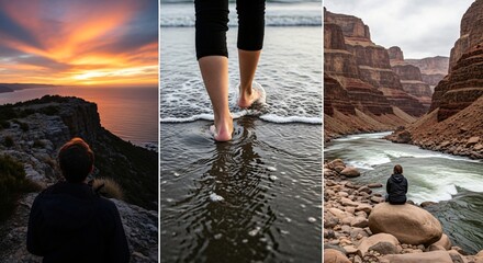 Man looking at a dramatic sunset over the ocean from a cliff, a person walking on a beach, and a lone figure contemplating the grand canyon