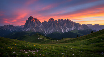 Scenic View Of Majestic Mountain Range During Vibrant Sunset With Colorful Sky And Wildflowers