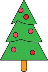 Simple Cartoon Christmas Tree with Red and Pink Ornaments, Vector Illustration