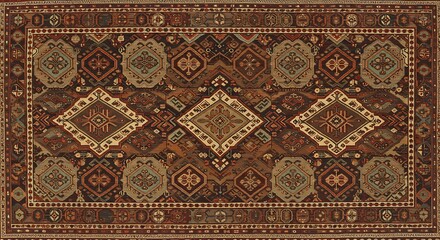 Obraz premium Detailed view of a patterned rug with diamond shapes and intricate border designs in brown and beige tones