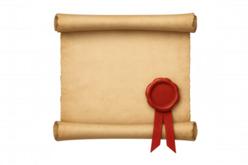 Parchment scroll with red wax seal and ribbon, old paper for important document or degree, transparent background