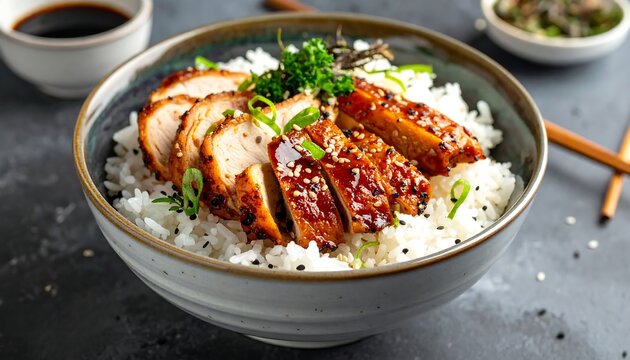 Teriyaki chicken over rice in bowl