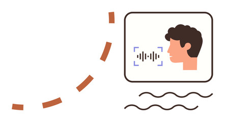 Human profile emitting sound waves with scanning interface highlights audio input, voice recognition, and AI analysis. Ideal for technology, communication, AI, software, data, accessibility