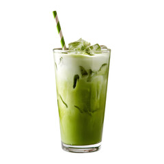 Refreshing iced matcha latte with creamy milk swirl and ice cubes in a tall glass with a striped straw, perfect for a vibrant healthy drink.