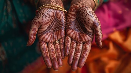 Close up of hands adorned with intricate henna designs and a gold bracelet and ring visible present
