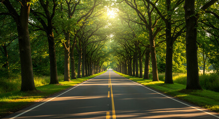 Obraz premium Sunlit Country Road Framed By Lush Green Trees Creating A Serene Driving Experience