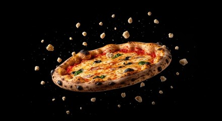 Perfectly crafted Neapolitan pizza with traditional ingredients and flying dough against black backdrop for pizzeria ads