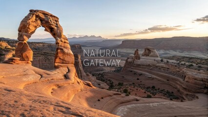 Stunning Sunset View of Delicate Arch in Arches National Park, Utah, with Majestic Rock Formations Surrounding