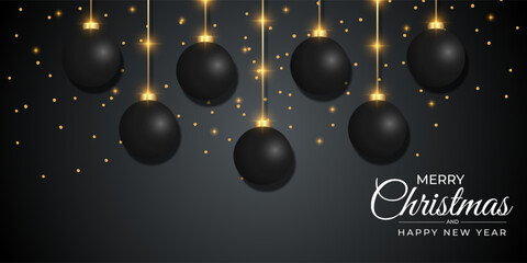 Merry christmas banner black balls with christmas ornaments