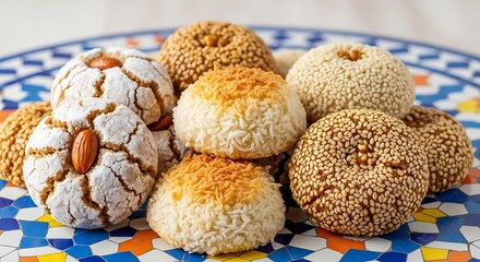 A close up of assorted cookies on a decorative plate with blue and orange mosaic tile pattern design