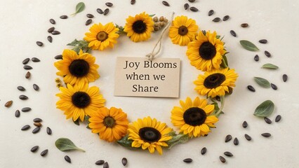 Joyful Sunflower Wreath on a Light Background with a Sign Emphasizing the Beauty of Sharing and Togetherness