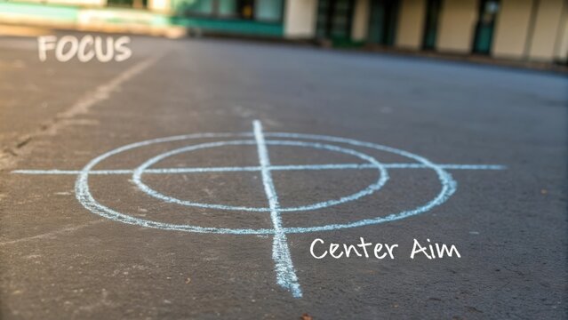Chalk target marking on asphalt surface promoting focus and aiming concept in an outdoor setting for creative projects