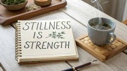 Tranquil workspace with notebook and cup of tea illustrating the concept of inner peace and strength in a serene environment