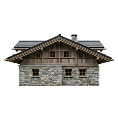 Facade of Stone and Wood Chalet Displays Windows and Chimney on Transparent Background