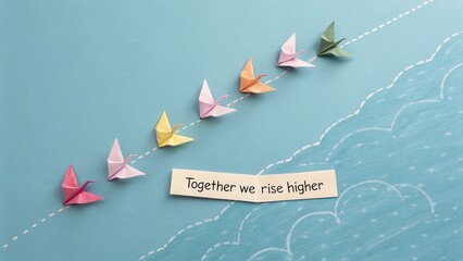 Colorful Paper Cranes on Blue Background with Inspirational Message About Unity and Growth