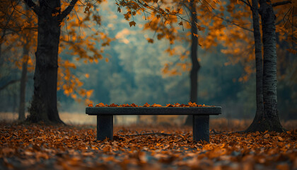 Twilight autumn scene with a lonely bench and golden fallen leaves