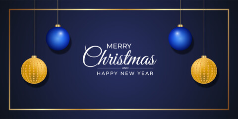 Modern christmas banner green and golden ball with golden frame