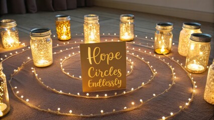 Hope Circles Endlessly with Warm Lights and Glass Jars in a Cozy Indoor Setting for Positive Vibes and Relaxation