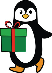 Cute Cartoon Penguin Walking with Green Gift Box Red Ribbon