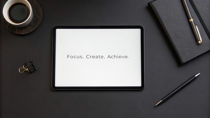 Inspirational workspace with tablet displaying motivational quote while focusing on creativity and productivity