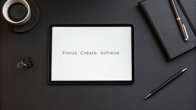 Inspirational workspace with tablet displaying motivational quote while focusing on creativity and productivity - Powered by Adobe