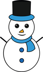 Cute Snowman Character with Black Top Hat, Blue Scarf, and Carrot Nose, Simple Winter Vector Icon