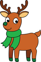 Cute Cartoon Reindeer with Green Scarf and Nose, Festive Holiday Vector Illustration