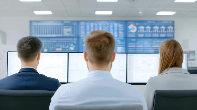 Office business teamwork in modern workplace with professionals monitoring data and analytics on computer monitors, focused on technology and high tech environment for professional analytics - Powered by Adobe