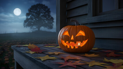 A carved jackolantern with a glowing candle sits on a wooden porch railing, surrounded by fallen autumn leaves, under a full moon and a cloudy night sky