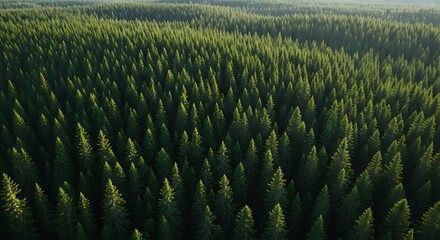 Fototapeta premium Aerial View of Lush Green Forest Canopy with Sunlight, Nature, Wilderness, and Drone Shot.