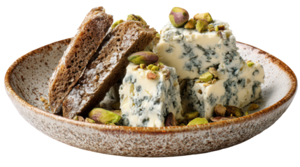 Gourmet blue cheese appetizer with toasted breadsticks isolated on transparent background