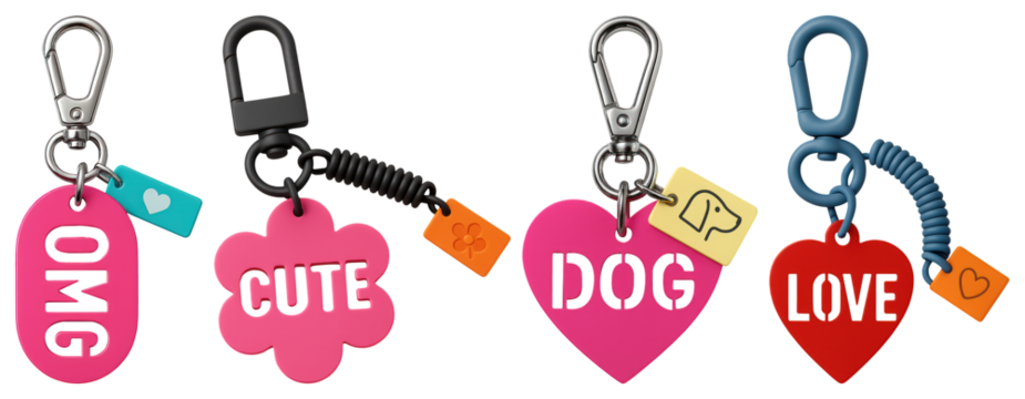 PNG Colorful keychains with playful designs, element set on transparent background