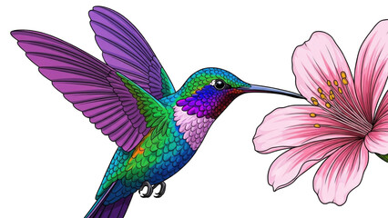 vibrant illustration of a hummingbird with iridescent feathers, feeding from a pink flower.