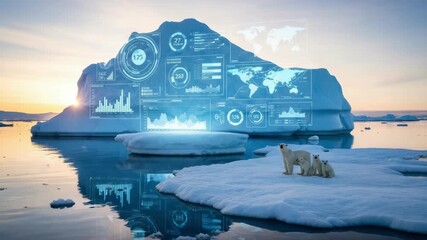 arctic scene at dawn shows massive iceberg displaying futuristic holographic climate data A polar bear family stands on an ice floe their presence highlighting the urgent environmental implications - Powered by Adobe