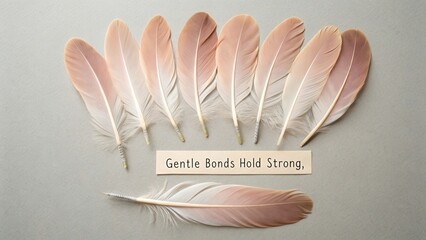Delicate Soft Pink Feathers Arranged in a Row with a Soft Background and Gentle Words Displayed Below