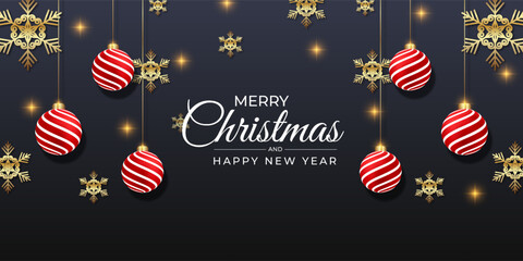 Luxury christmas banner with golden shonoflacke red balls and lights