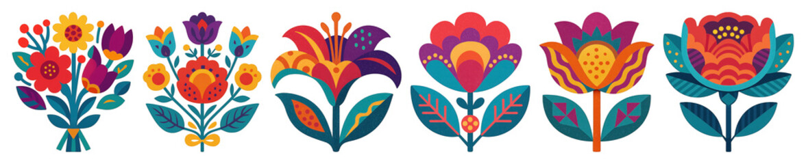 PNG Vibrant folk art floral designs, element set on transparent background