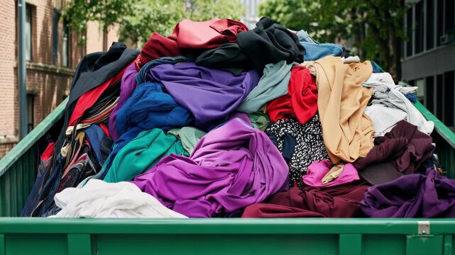 Overflowing dumpster filled with colorful discarded clothing in an urban setting.