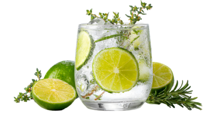 Refreshing clear beverage with ice, lime slices, and fresh herbs for a crisp, invigorating taste experience