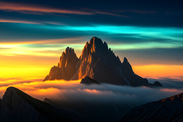 Celestial mountain landscape with floating clouds and a mystical sky glow