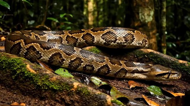 A wild reticulated python with its distinctive pattern resting on a mossy log in a dark, lush rainforest