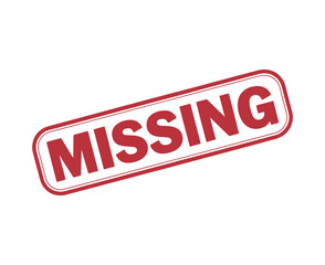 Red and white distressed missing person poster stamp with text missing in bold red letters