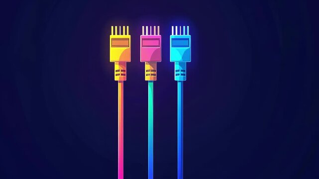 Three colorful network cables against a dark background, vibrant and modern.