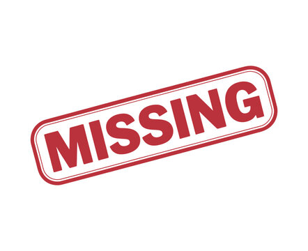 Red and white distressed missing person poster stamp with text missing in bold red letters
