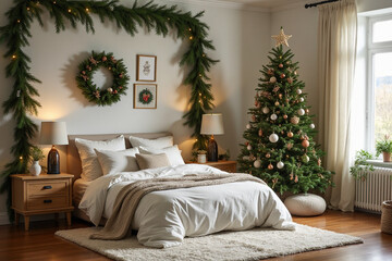 Interior of bedroom with Christmas tree, fir branches and mistletoe wreath. Front view. 3d rendering.